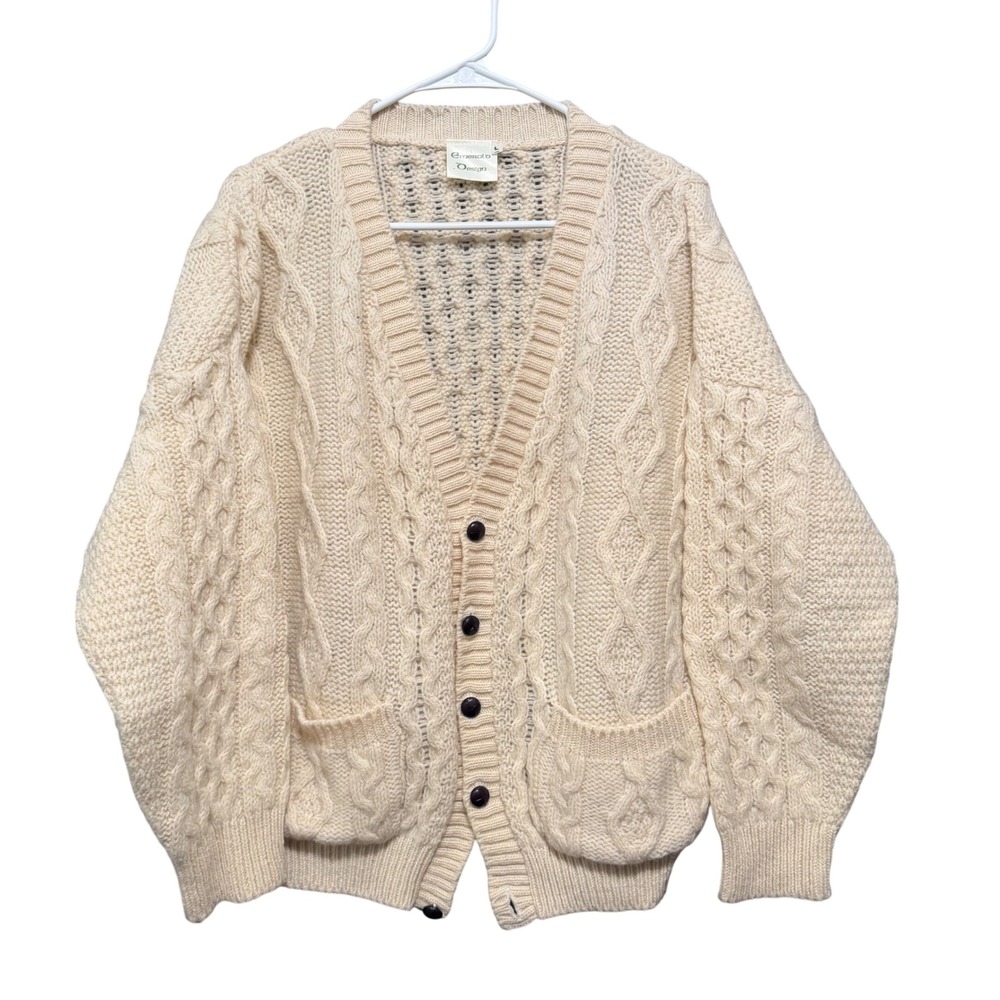 Emerald Design Cream Cable Knit Cardigan Sweater Mens Large Chunky V-Neck Pocket